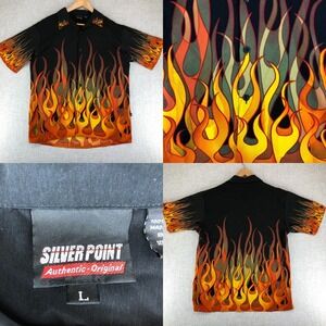 Vintage Silver Point Flames Shirt Size Large Button Y2K Hot Rod Camp Loop Collar